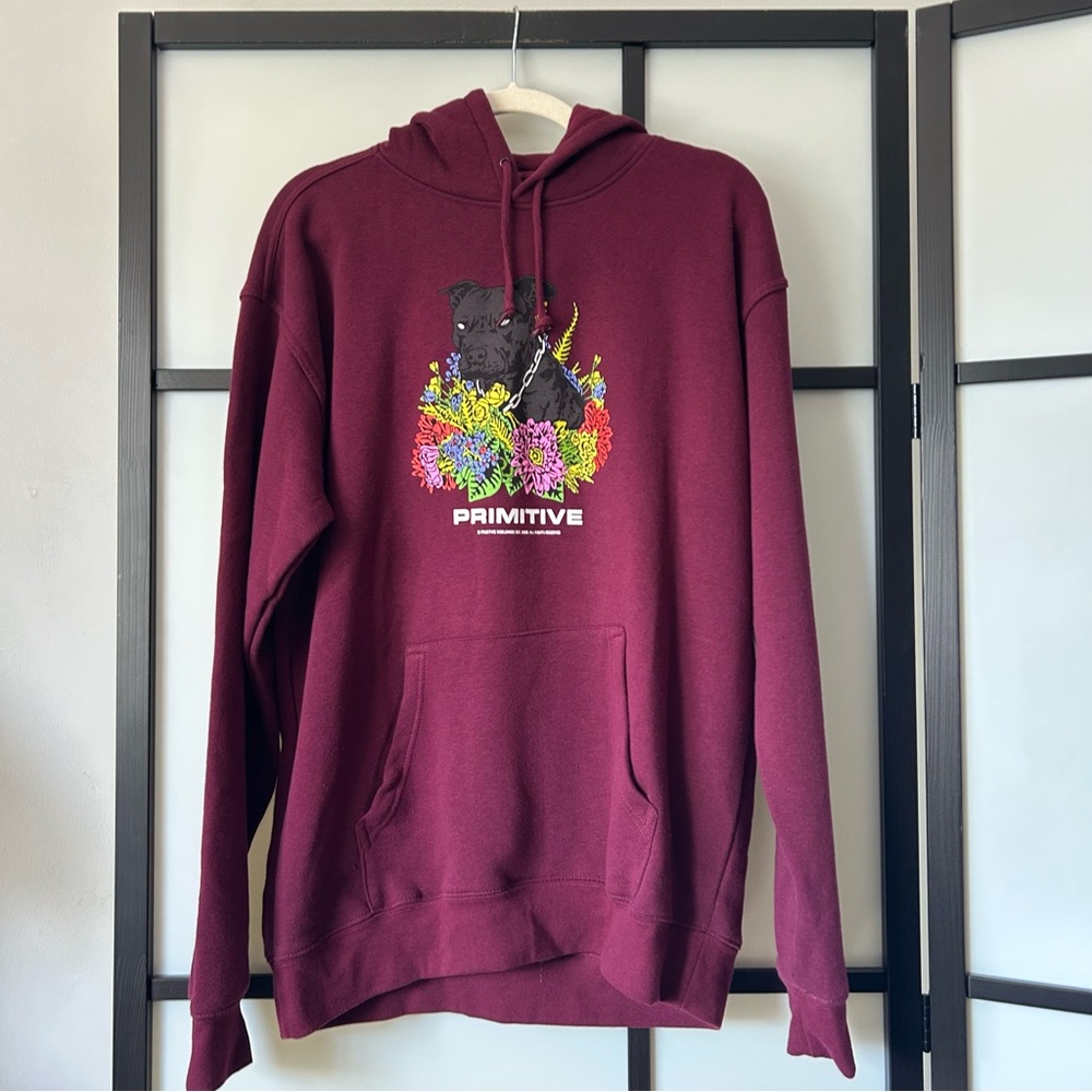 [XL] NWT Primitive Maroon Long Sleeve Hoodie with Vibrant Dog Floral Graphic